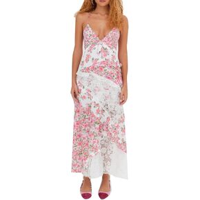 Women Floral Flowy Maxi Dress Lace Patchwork Boho Y2K Long Dress Cute Spaghetti Strap V Neck Low Cut Beach Sundress