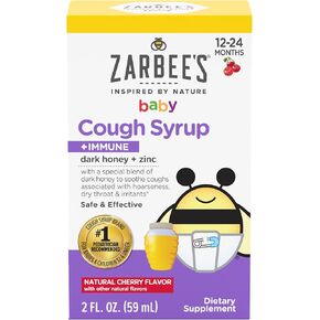 Zarbee's Baby Honey Cough Syrup + Immune for Babies 12-24 Months, Safe & Effective Cough Syrup with Soothing Dark Honey & Zinc for Immune Support*, Drug & Alcohol-Free, Cherry, 2 fl. oz