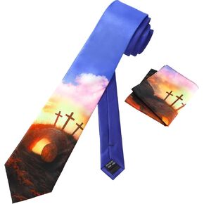 2 Pcs Easter Tie and Pocket Square Set Easter Men Cross Ties Handkerchief Religious Necktie Jesus Resurrection Tie Christian Ties for Church Business Formal Men Party Decor