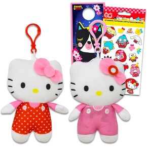 Hello Kitty 2 Pack Plush Keychains - 2 Hello Kitty Plush Keychains with Stickers & Cat Door Hanger - Multicolor, Unisex - Kids & Adults