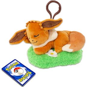 Nintendo Sleeping Eevee Plush Keychain Set - Sleeping Eevee Bundle with Pokemon Sleeping Eevee Keychain Plush Plus Pokemon Cards | Pokemon Plush Keychains for Backpack