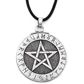 HAQUIL Pentagram Pentacle Necklace, Wiccan Runes Futhark Pentagram Pendant Necklace, Faux Leather Cord
