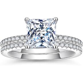 WES (Total 2.336cttw 2ct Center Moissanite Wedding Rings for Women Princess Cut Moissanite Diamond 925 Sterling Silver Moissanite Engagement Rings for Women Anniversary Promise for Her with Certificate