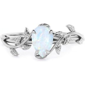 Pear Cut White Opal Vine Leaf Rings for Women S925 Sterling Silver 6x8 Mm التي تم إنشاؤها أوبال آرت ديكو مستوحاة