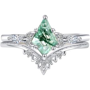 Moss Agate Engagement Rings for Women - 925 Sterling Silver Promise Ring for Her - Green Moss Agate Statement Rings Jewelry Gifts for Mother Daughter, 6-10, Gemstone, moss agate ring