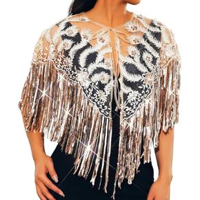 EVILD 1920s Long Fringed Shawls Wrap for Evening Dress Sequin Embroidered Shrug Prom Wedding Bridal Cape
