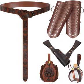 Sweetude 5 Pcs Medieval Belt Renaissance Costume Viking Leather Belt Pouch Arm Guard Potion Bottle