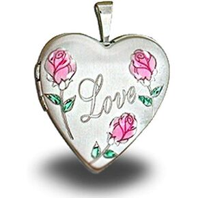 PicturesOnGold.com Sterling Silver Love Rose Heart Locket with Pink and Green Enamel - 3/4 Inch X 3/4 Inch with Engraving