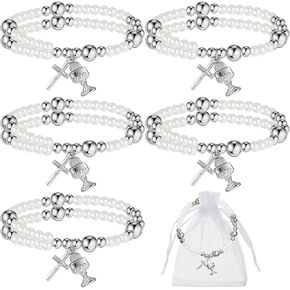 Sasylvia 6 Sets Rosary Bracelet Bulk with Mesh Bag, Catholic Baptism Gifts for Women Religious Pearl Beads Bracelet with Cross for Christening Wedding Souvenirs Favors