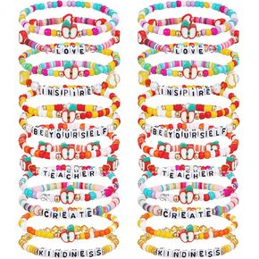 24Pcs Teacher Appreciation Bracelets Gift Bulk Teacher Thank You Gifts Back to school Beaded Stackable Teacher Bracelets Beaded Stretchy Beaded for Women Men New Teacher