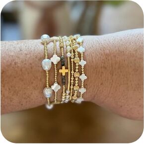 7PCS Dainty 14K Gold Beaded Cross Clover Pearl Stretch Bracelet Set for Women,Handmade Boho Gold Beads Stackable Bracelets Fashion Holiday Birthday Prom Jewelry Gift Friendship Sister