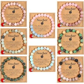 8Pcs Teacher Appreciation Bracelets Gifts for Women Men Natural Stone Teacher Elastic Bead Bracelets Teacher Jewelry Gift