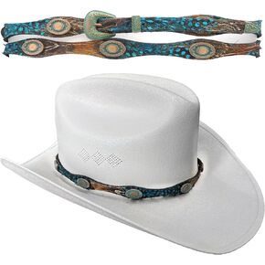 Western Hatband -Turqoise Feather with Silver Ornaments -Adjustable Fit