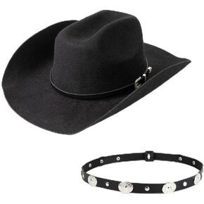 Western Cowboy Hat for Men Women, Premium Black Wool Hat, Wide Brim Classic Fedora Beach Hat, Cowgirl Hat with Two Decorative Buckle Belt