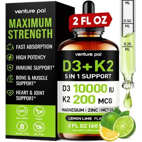 Venture Pal Vitamin D3 10000 IU Drops Plus K2 200 MCG مع المغنيسيوم ، زيت MCT ، الزنك ، سائل فيتامين د | أقصى امتصاص للعظام ، المزاج والصحة المناعية (الفراولة ، 2 أوقية)