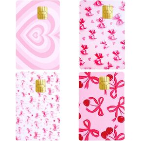 4 Pcs Credit Card Skin, Debit Card Skin Slim Waterproof No Bubble Pink Cute Bow Heart Credit Card Sticker for Transportation Key Debit Gifts Women (4 Styles)