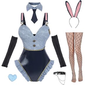 CR ROLECOS Bunny Costume Adults Women Bunny Suit with Ruffle Bunny Girl Costume One Piece Bodysuit Stockings Set