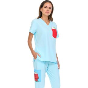 Womens Scrubs Set - 2 Piece Peanuts Snoopy V-Neck Shirt and Medical Work Pants Scrubs for Women (Sizes: S-XL)