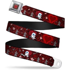 Buckle-Down Seatbelt Belt - Queen of Hearts Poses/Hearts/Cards Reds/Black - 1.0" Wide - 20-36 Inches in Length