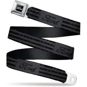 Buckle-Down Ford Belt, Seatbelt Buckle Belt, Ford Script Stripe Blocks Weathered Gray Black, Mens Womens Kids Adjustable