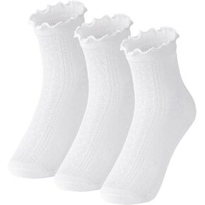 3 Pack White Ruffle Socks, Cotton Sock Breathable Mesh Socks for Girls Toddler Dress