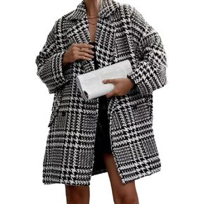 Sexyshine Winter Winter Double Houndstooth Coat Notch Lapel Blaid Wool Blend Pea Coat Mid Long Out Outwear Jacket