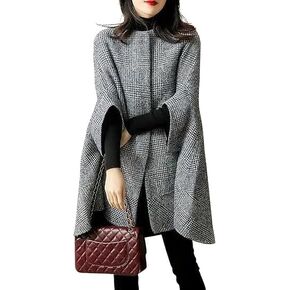 SOMTHRON Women's Elegant Plaid Poncho Single Breasted 3/4 Sleeve Wool Blend Winter Cape Cloak Coat