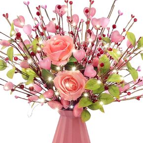 قلب بيري يختار لزينة عيد الحب - 6pcs الزهور الاصطناعية التوت الأحمر فروع الجذعية الزهور مع أضواء لعيد الحب هدية، المنزل، وباقات الزهور الذكرى السنوية ديكور المنزل الزفاف