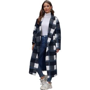Women's Oversized Plaid Wool Coat Casual Lapel Collar Double Breasted Winter Long Pea Coat with Pockets