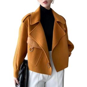 utcoco Women Cropped Wool Coats Warm Pea Coat Notched Lapel Open Front Trench Overcoat Jackets with Pockets