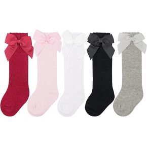 5 Pairs Baby Knee High Socks Kids Long Boot Socks with Bow Cotton Knit Stocking Toddler Dress Socks for Boys Girls