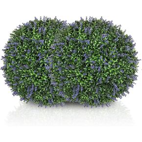 HOMCOM Artificial Boxwood Topiary Ball with Lavender Set of 2 16.5 Inch Faux Plant, UV-Protected Anti-Fading Fake Plants for Home Indoor Outdoor Porch, Purple