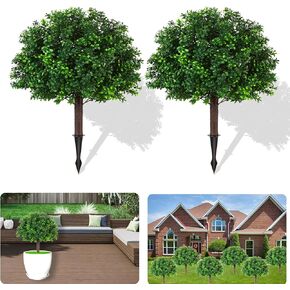 Artificial Boxwood Topiary Ball Trees, Set of 2 Artificial Boxwood Ball Bush Artificial Shrub Bushes UV Resistance Rated with Spike Fake Outdoor Plant for Front Door Decor, Home Decor, Garden