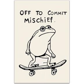 YAXZLWR Funky Frog Wall Art - Off to Cause Mischief Skateboard Animal Print, Aesthetic Minimalist Canvas Poster for Kids Room, Bedroom, or Living Room Decor 08x12 in Unframed