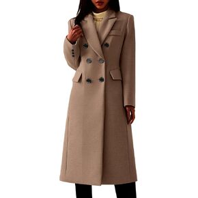 Women's Classic Notched Lapel Double-Breasted Warm Pea Coat Overcoat with Pockets