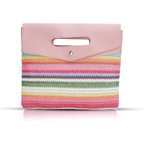 Tote Bag for Women, Straw Clutch Purses, Pink Purse, Leather Carry Handle Envelope Package, Bohemian Colorful Hand Knitting Handbags, Beach Bag Suitable for Beach, Travel, Daily Matching (Pink)