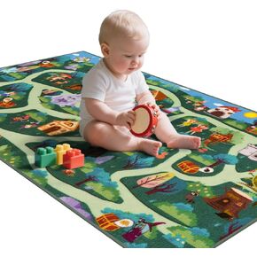 LIVEBOX Washable Kids Play Rug for Playroom, Boys Road Rug for Nursery Room Fun Safely, Non-Slip Educational Forest Rugs Carpets for Kid Room Bedroom, 60" x 32", Green