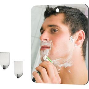 Shower Mirror Fogless for Shaving(Medium 8x6 inch), Unbreakable Deluxe Plexiglass Makeup Mirror with 2 Adhesive Hooks, Locker Mirrors for Shower, Shower Mirror Fogless, Portable Handheld Camping