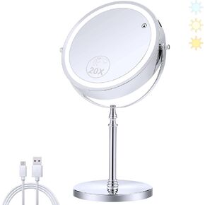 MIYADIVA Lighted Makeup Mirror, 20X Magnifying Mirror with Light, Double Sided Makeup Mirror with 20X/1X Magnification, 360°Rotation, 3 Colors Brightness Adjustable Vanity Mirror with 42 LEDs, 2000mAh