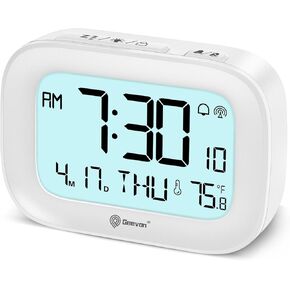 Geevon Small Digital Atomic Alarm Clock for Bedroom, Portable Battery Operated Travel Desk Clock for Heavy Sleepers, with 10s Backlight, Temperature, 3 Inch Display, White
