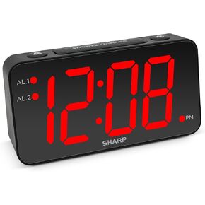 Sharp Digital Alarm Clock with Jumbo Numbers, Easy to See Large Numbers from Across Room with Simple Operation, Battery Back-up, Black Case with Red LED Display
