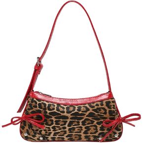 Women's Leopard Print Bow Y2k Shoulder Bag Zipper Studded Underarm Bag Leather Purse