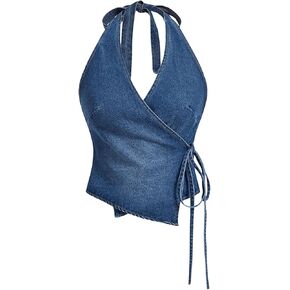 SHENHE Women's Halter Neck Denim Wrap Top Side Tie Backless Vintage Jean Top Shirt in Kuwait