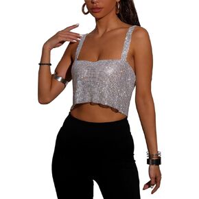 Women Rhinestones Tank Top, Sparkly Deep V Backless Top Hanging Neck Metal Chain, Sleeveless Club Party Clubwear