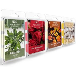 يذوب الشمع UCC ، مكعبات شمع الصويا رائحة قوية طويلة الأمد المزيج المزيج ذوبان Tarts -Wild Mint & Eucalyptus ، Rose & Sandalwood ، أوراق العنبر الذهبية ، القطن النظيف - 4 عبوات