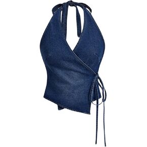 SHENHE Women's Halter Neck Denim Wrap Top Side Tie Backless Vintage Jean Top Shirt
