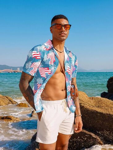 Men's Hawaiian Floral Shirt Cool V Neck Button Down Shirts Tropical Holiday Beach Shirts Casual Short Sleeve Mens Shirt in Kuwait