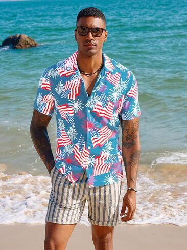 Men's Hawaiian Floral Shirt Cool V Neck Button Down Shirts Tropical Holiday Beach Shirts Casual Short Sleeve Mens Shirt in Kuwait