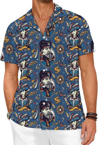 Pirate Shirt for Men Skull Hawaiian Button Up Shirts Short Sleeve in Kuwait