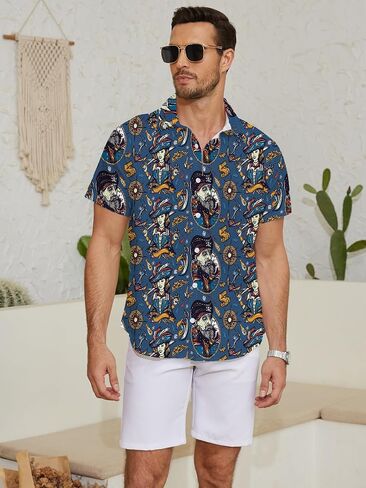 Pirate Shirt for Men Skull Hawaiian Button Up Shirts Short Sleeve in Kuwait